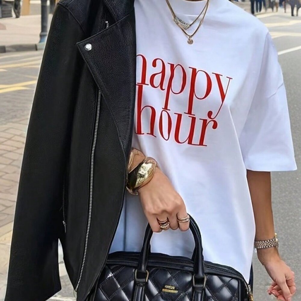White Casual Women's Style T-Shirt Street Personality Round Neck Top